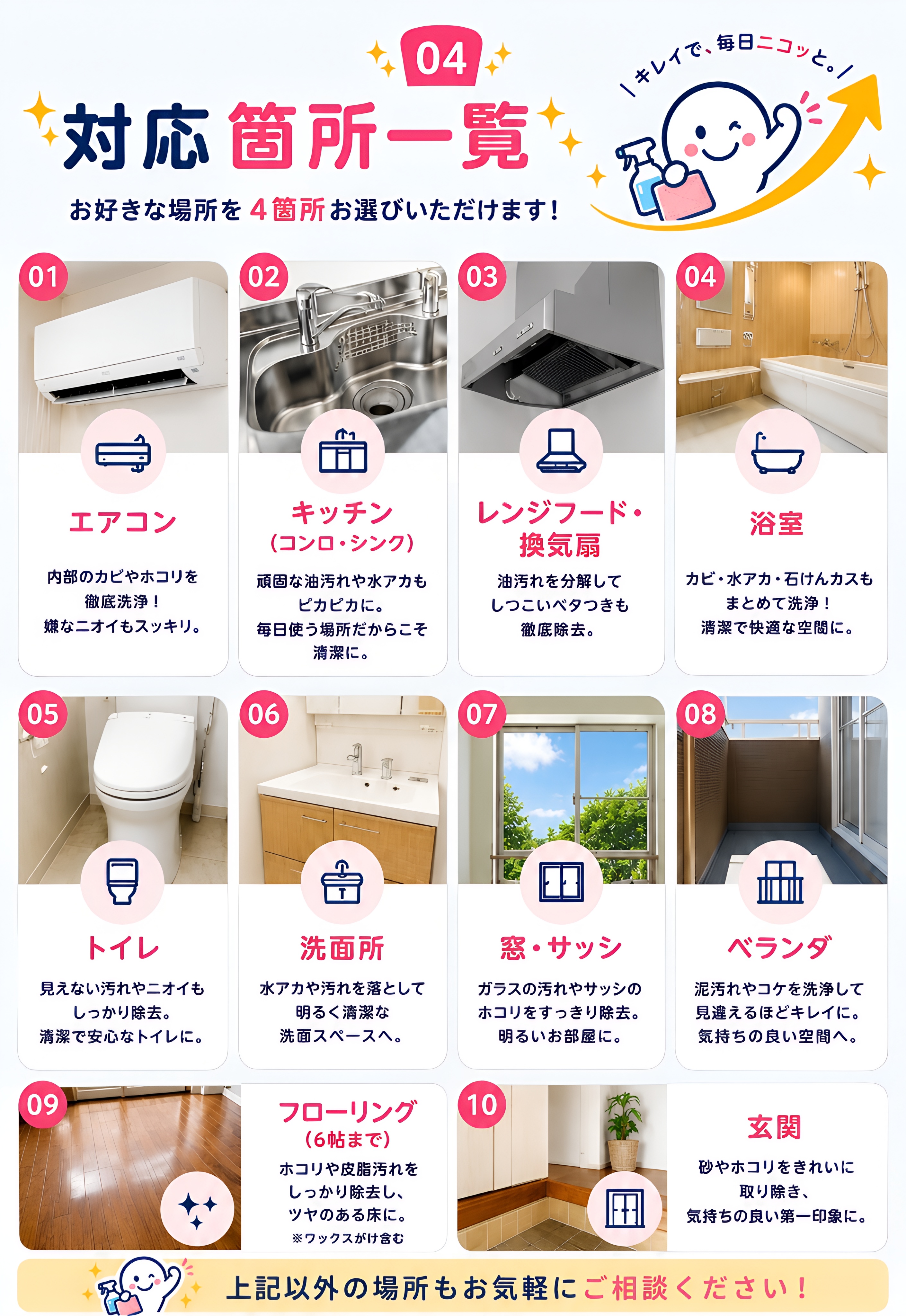 対応箇所一覧 お好きな場所を4箇所お選びいただけます エアコン キッチン レンジフード 浴室 トイレ 洗面所 窓・サッシ ベランダ フローリング 玄関